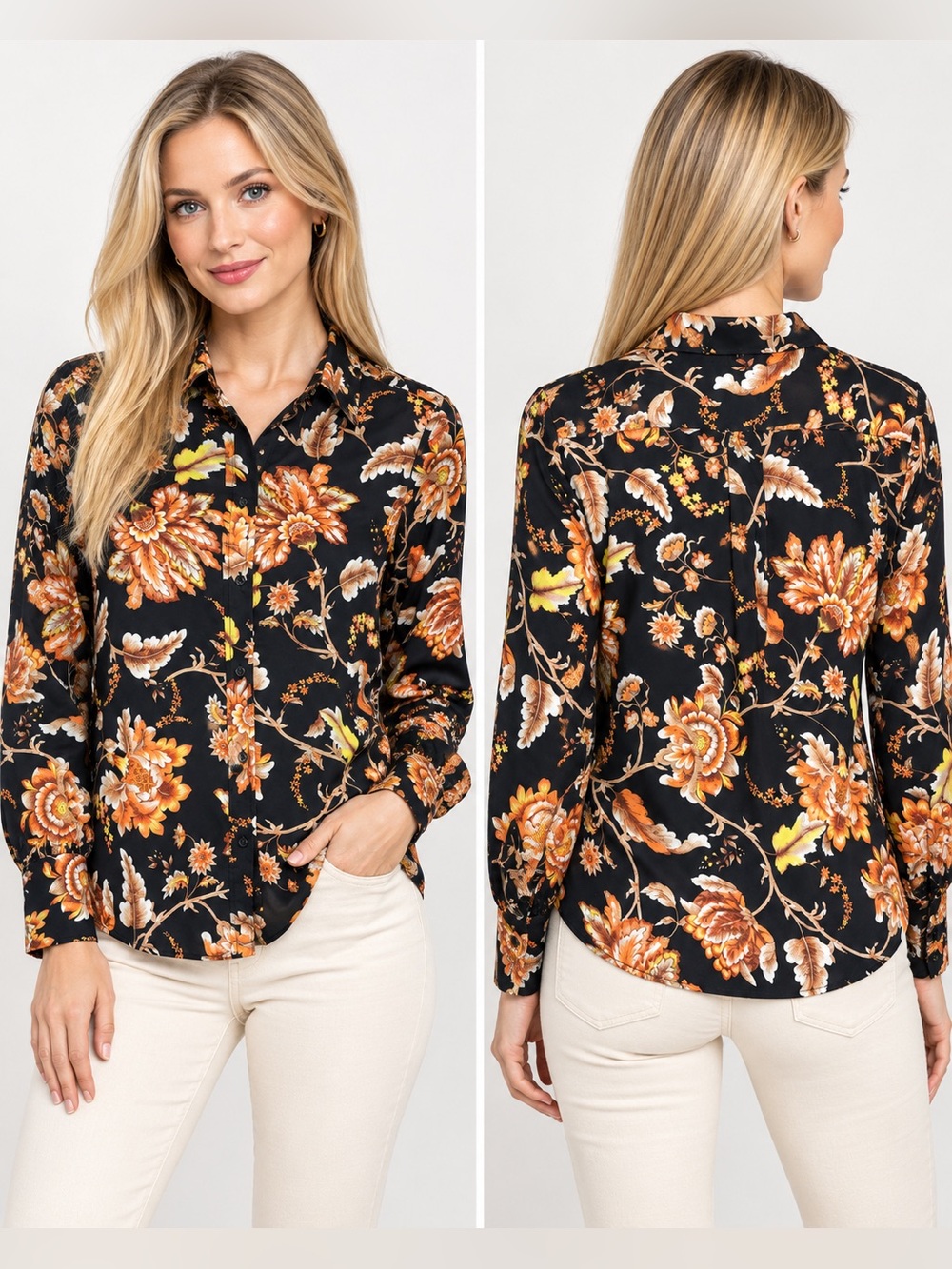 NWT Elie Tahari Floral Button Down Blouse Black Orange